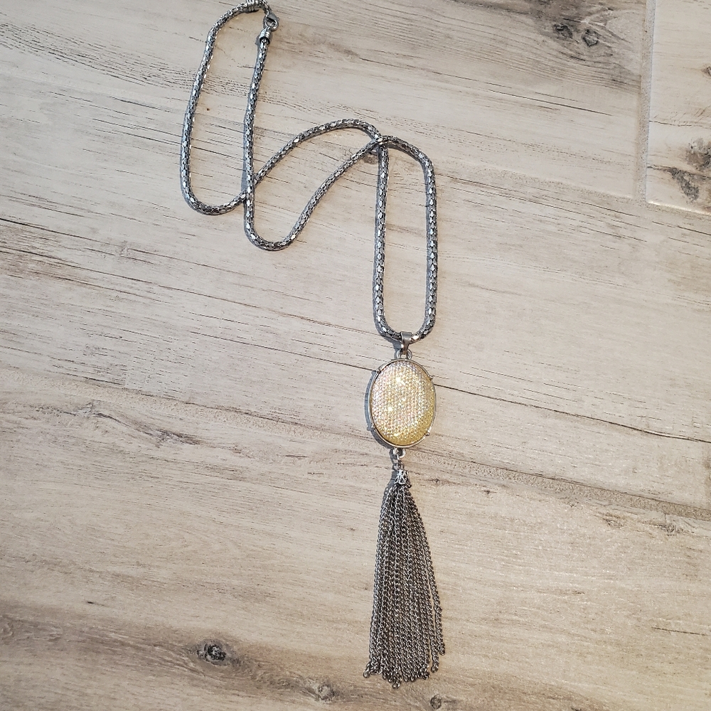 Estate Necklace Silver Tone Yellow Aurora Borealis Pendant Tassle 31 in